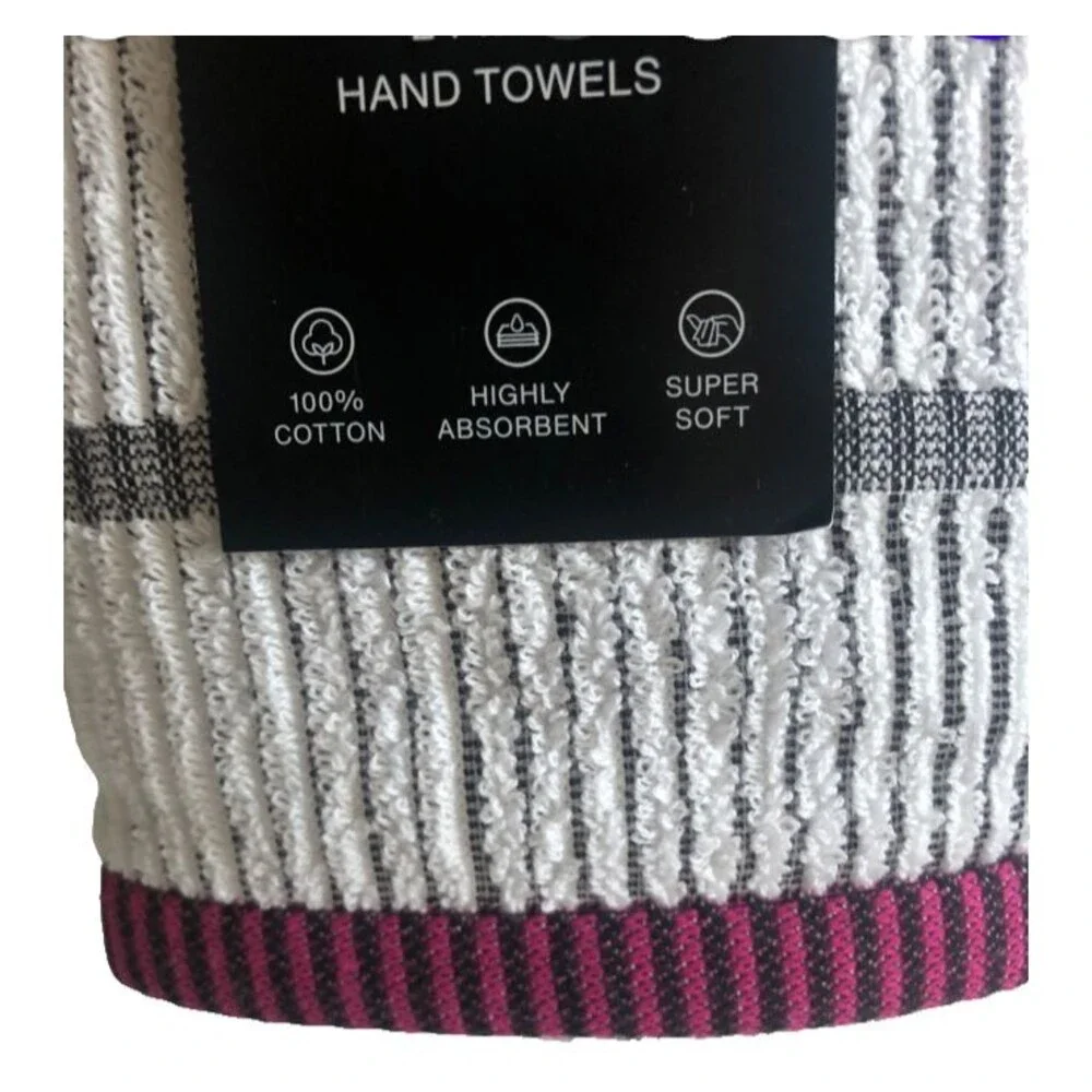 DKNY Hand Towels Stripe Bathroom White Black Pink Absorbent 100% Cotton Set of 2